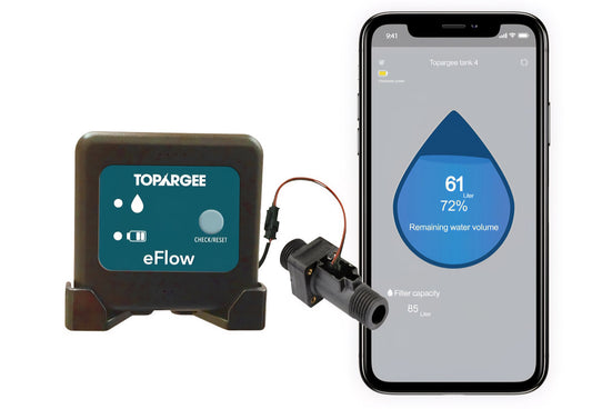 A TOPARGEE eFlow water conservation device shown next to a smartphone displaying its companion app with water usage metrics.