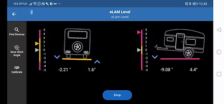 eLam Level V2-Plus Bluetooth App Screen Display Showing Caravan Level Data | LevelUp RV NZ