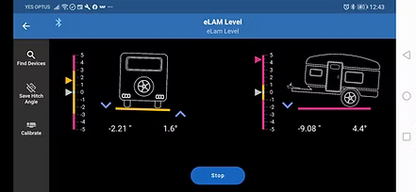 eLam Level V2-Plus Bluetooth App Screen Display Showing Caravan Level Data | LevelUp RV NZ